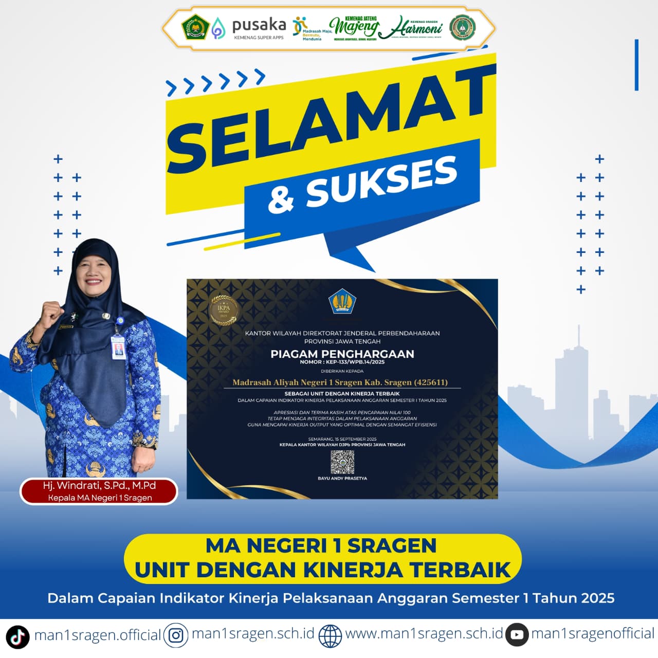 MAN 1 Sragen Raih Penghargaan Kinerja Terbaik dari DJPb Jateng