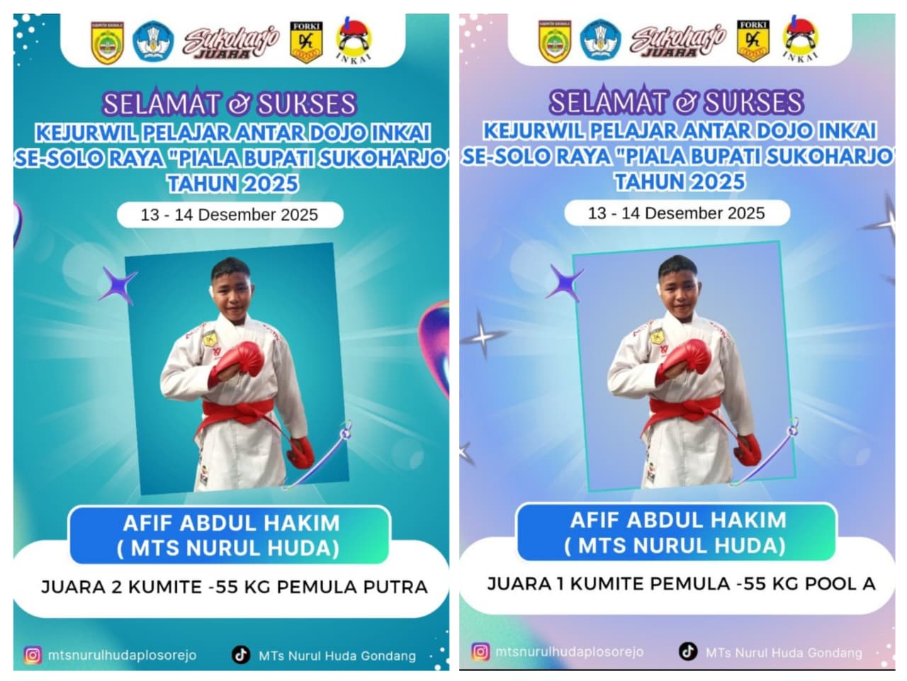Afif Abdul Hakim, Siswa MTs Nurul Huda Gondang Raih Juara dari 2 Kategori Kejurwil Inkai