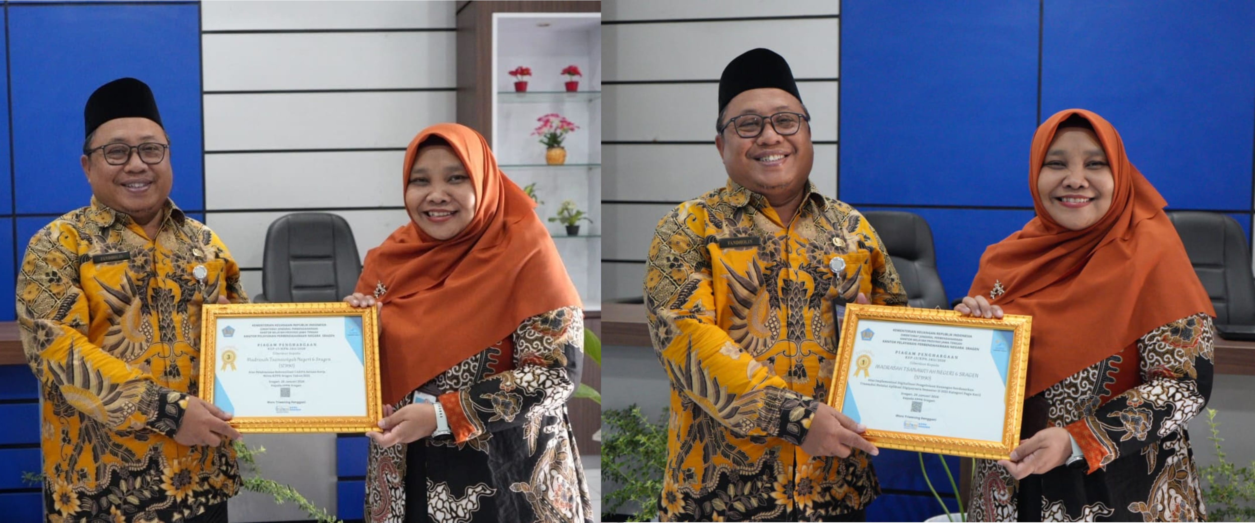 MTsN 6 Sragen Raih Dua Penghargaan Bergengsi dari KPPN Sragen atas Prestasi Pengelolaan Keuangan