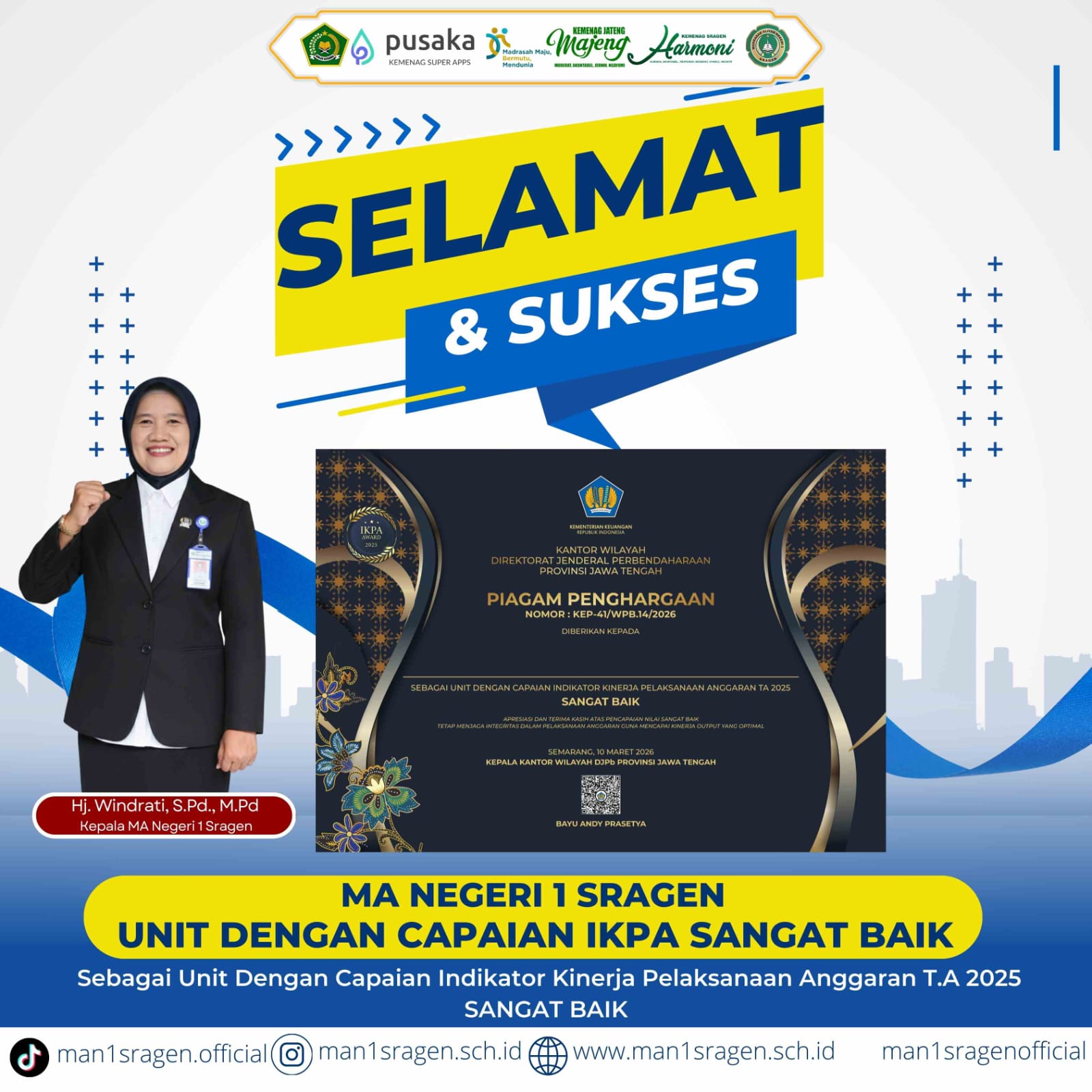 Kelola Anggaran Secara Akuntabel, MAN 1 Sragen Raih Penghargaan IKPA Sangat Baik Tahun 2025