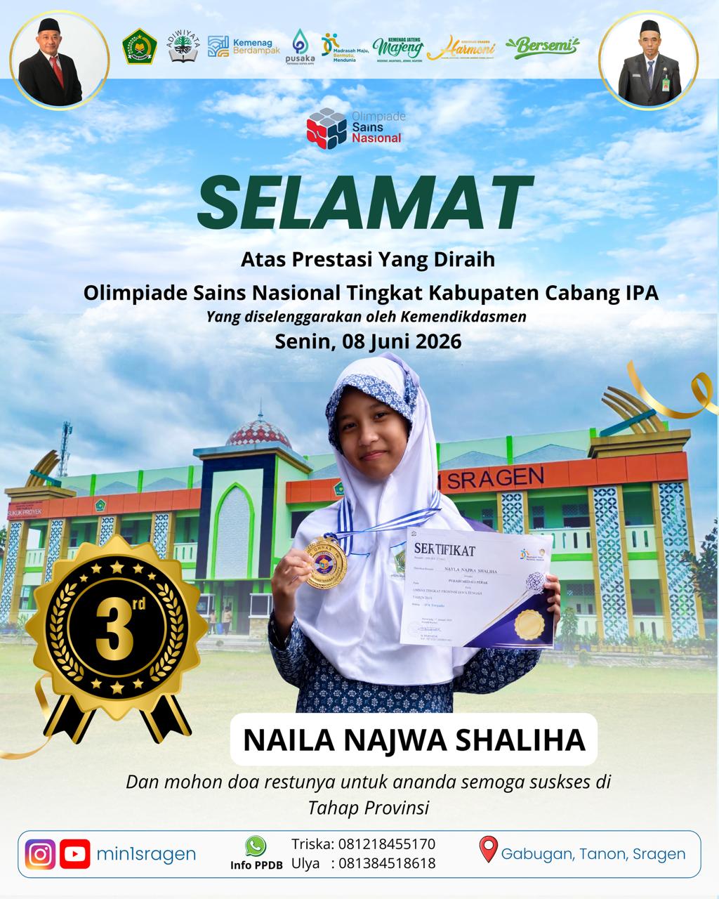 Melaju ke Provinsi, Siswa MIN 1 Sragen Raih Juara 3 OSN Kabupaten